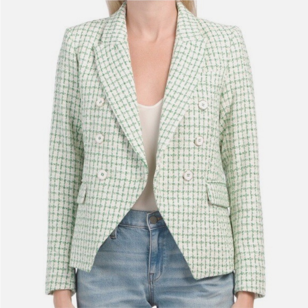 Rachel Zoe Green Plaid Tweed Jacket Blazer M Double Breasted Business Casual